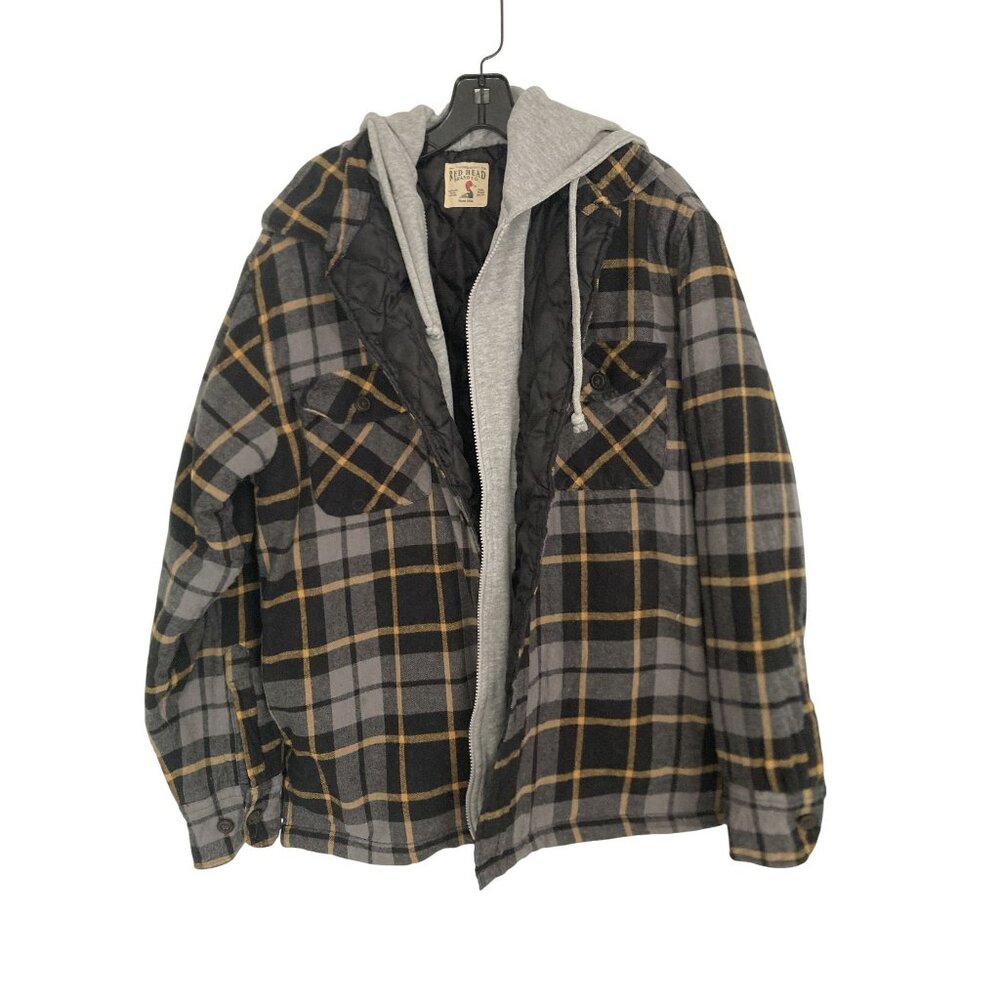 Red Head Mens Quilted Flannel Jacket With Hood Size Large Gray & Black Plaid Cot